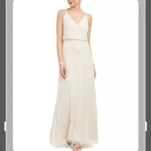 ADRIANNA PAPELL Imitation Pearl Bead Embellished Blouson Gown in Ivory Size 10